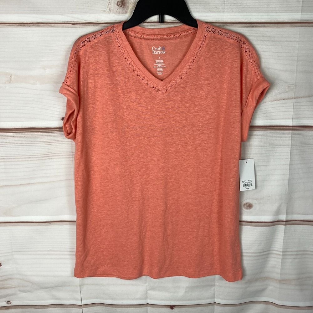 Croft & Barrow Top Womens S Orange Linen Blend T-Shirt V-Neck Crochet Trim Solid